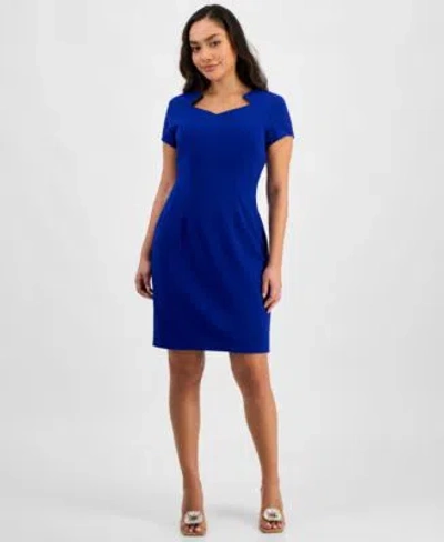 Connected Petite Notched Neck Cap Sleeve Sheath Dress In Blue