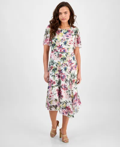 Connected Petite Printed Asymmetric Flutter-sleeve Dress In White