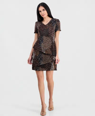 Connected Petite Printed Asymmetric Tiered V-neck Dress In Brown
