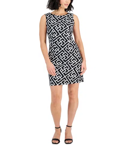 Connected Petite Printed Boat-neck Sleeveless Sheath Dress In Black