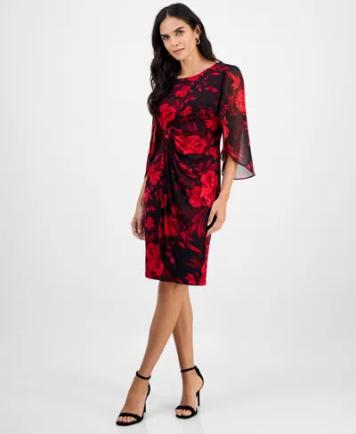 Connected Petite Printed Cape-sleeve Sheath Dress In Red