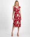 Connected Petite Printed Drape-neck Midi Dress In Crimson