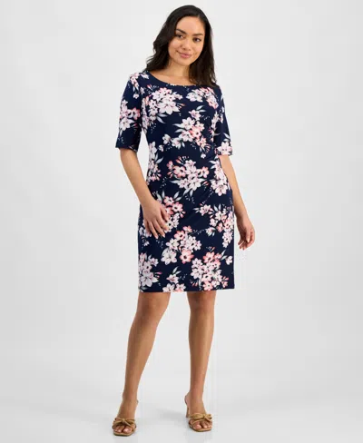 Connected Petite Printed Elbow-sleeve Sheath Dress In Navy.rose