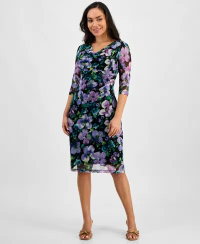 Connected Petite Printed Mesh 3/4-sleeve Sheath Dress In Blk