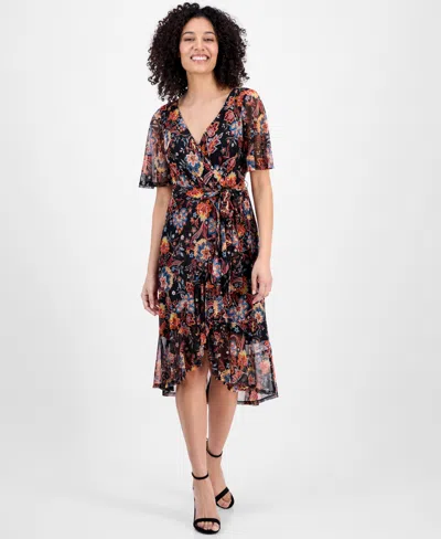 Connected Petite Printed Mesh High-low Faux-wrap Dress In Black