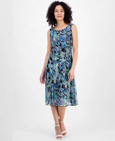 Connected Petite Printed Mesh Sleeveless Midi Dress In Sea