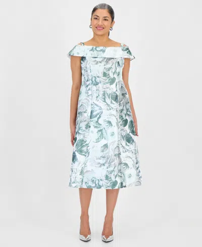 Connected Petite Printed Off-shoulder Midi Dress In Green