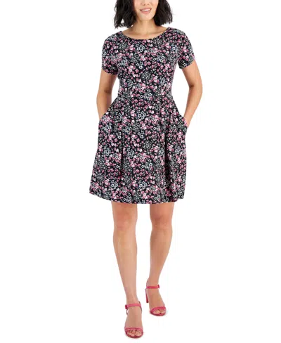 Connected Petite Printed Round-neck Fit & Flare Dress In Berry