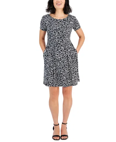 Connected Petite Printed Round-neck Fit & Flare Dress In Black