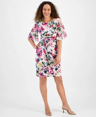 Connected Petite Printed Ruched-waist Flutter-sleeve Dress In White