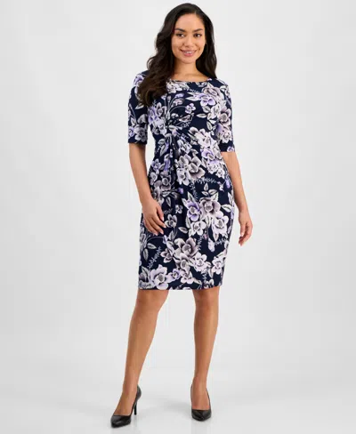 Connected Petite Printed Short-sleeve Faux-wrap Sheath Dress In Nlv