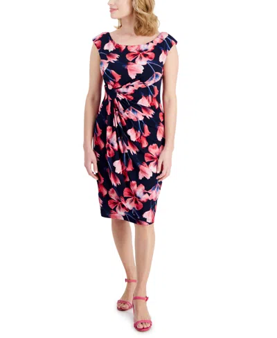 Connected Petite Printed Side-gathered Sheath Dress In Nvy,fus