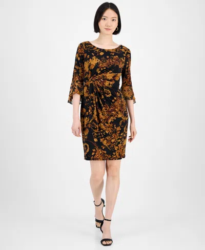 Connected Petite Printed Side-tab Ruffled-cuff Dress