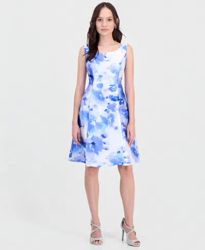 Connected Petite Printed Sleeveless A-line Dress In Blue