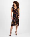 Connected Petite Printed V-neck Sleeveless Dress In Blue