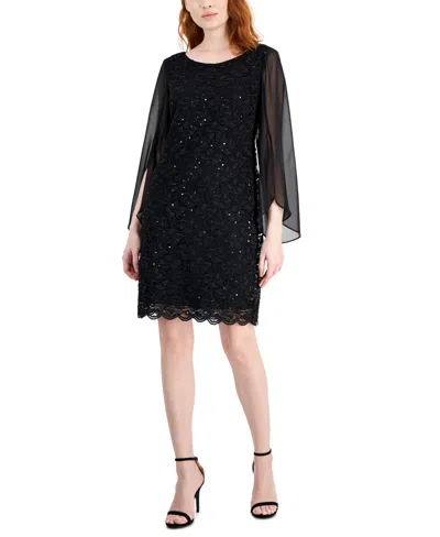 Connected Petite Round-neck Long-cape-sleeve Lace Dress In Black