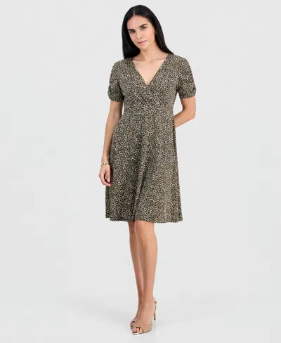 Connected Petite Ruched-sleeve Crossover-neck Dress In Green