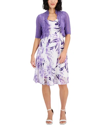 Connected Petite Ruffled Jacket & Printed Sweetheart-neck Dress In Ivy,purple