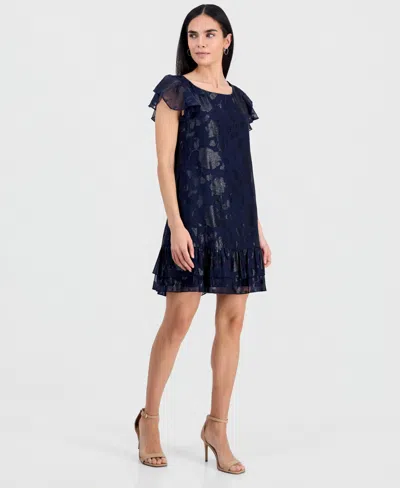Connected Petite Ruffled-hem Flutter-sleeve Dress In Blue