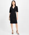 Connected Petite Scuba Faux-wrap Notch-collar Dress In Black