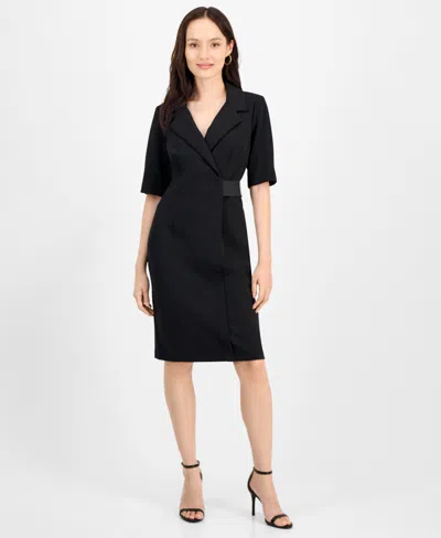 Connected Petite Scuba Faux-wrap Notch-collar Dress In Black