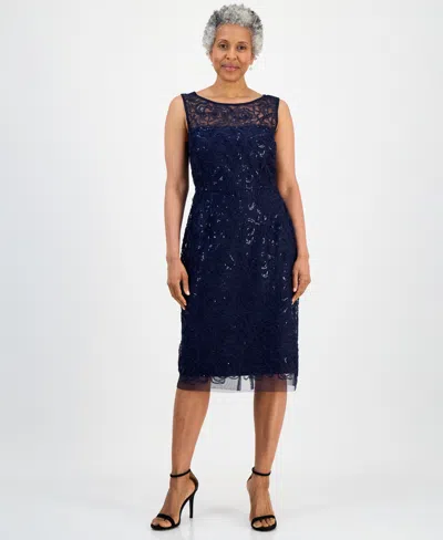 Connected Petite Sequin Rosette Mesh Sleeveless Sheath Dress In Blue