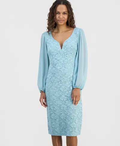 Connected Petite Sequined Lace Blouson-sleeve Dress In Blue