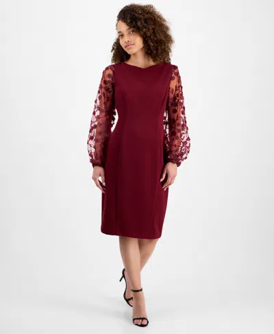 Connected Petite Sheer-sleeve Applique Sheath Dress In Red