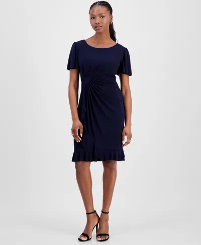 Connected Petite Side-gathered Flutter-sleeve Dress In Blue