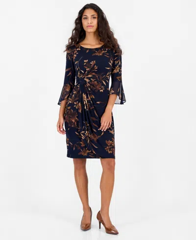 Connected Petite Side Tab Floral 3/4-sleeve Flounce-cuff Dress In Navy