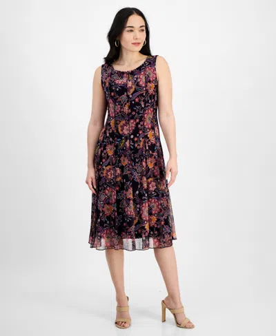 Connected Petite Sleeveless Floral Chiffon Sheath Dress In Navy