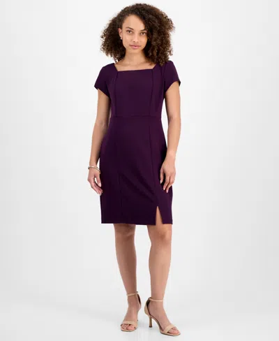 Connected Petite Square-neck Short-sleeve Dress In Purple