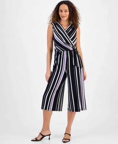 Connected Petite Striped Cropped Wide-leg Jumpsuit In Black Lilac