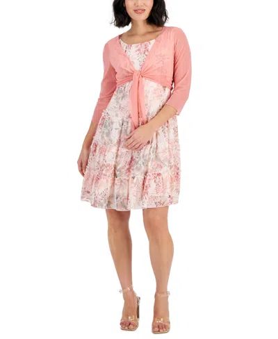 Connected Petite Tie-hem Jacket & Printed Sleeveless Dress In Soft Coral