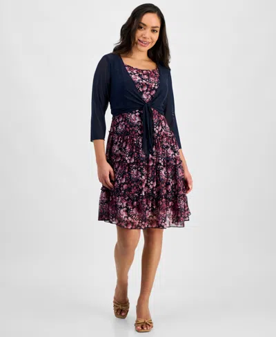 Connected Petite Tie Jacket & Tiered Ruffle-trim Dress In Nam
