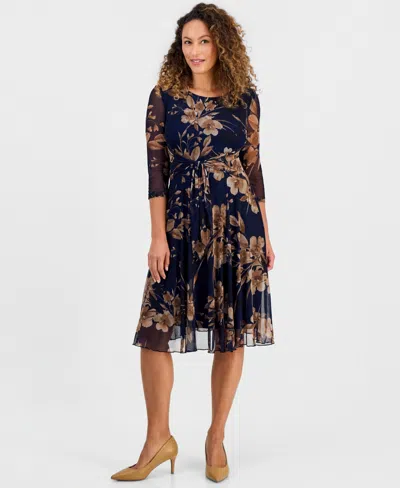 Connected Petite Tie-waist Floral-print Fit-and-flare Midi Dress In Midnight