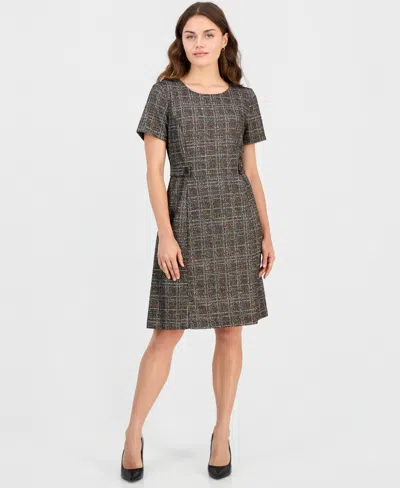 Connected Petite Tweed Plaid Short-sleeve Shift Dress In Brown
