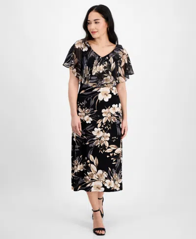 Connected Petite V-neck Floral Cape Midi Dress In Taupe