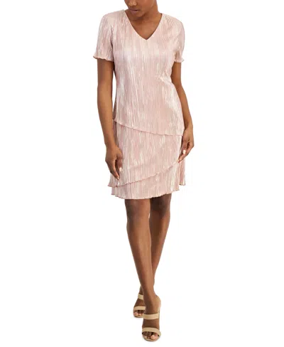 Connected Petite V-neck Asymmetric Tiered Sheath Dress In Pink