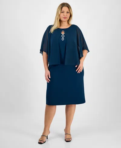 Connected Plus Size Cape Overlay Dress In Green