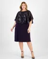 Connected Plus Size Cape-overlay Sheath Dress In Dark Amethyst