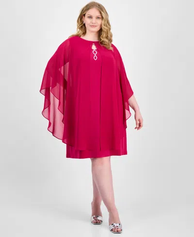 Connected Plus Size Cape-overlay Sheath Dress In Deep Fuschia