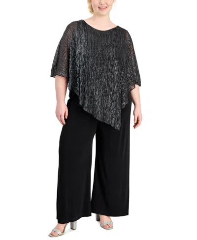 Connected Plus Size Cape-overlay Wide-leg Jumpsuit In Black,silver