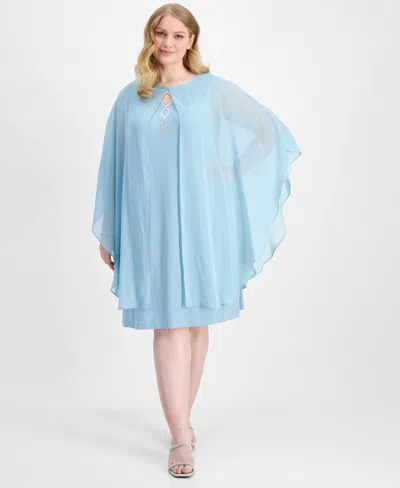Connected Plus Size Cape-overlay Sheath Dress In Blue