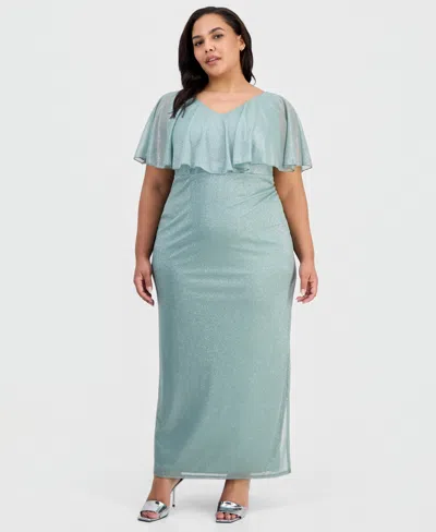 Connected Plus Size Cape-overlay V-neck Glitter Dress In Blue