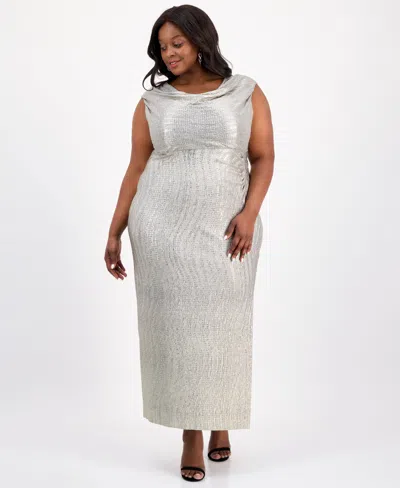 Connected Plus Size Cowlneck Sleeveless Long Dress In Stone