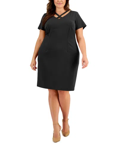 Connected Plus Size Cross-front Sheath Dress In Black