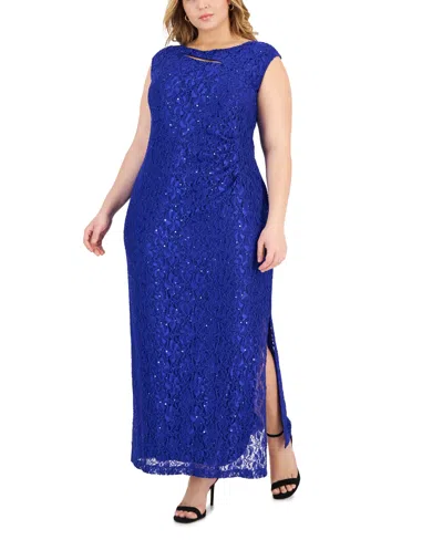 Connected Plus Size Cutout-detail Lace Maxi Dress In Cobalt