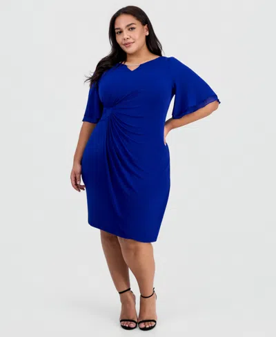 Connected Plus Size Double Flared-sleeve Bar-trim Dress In Blue