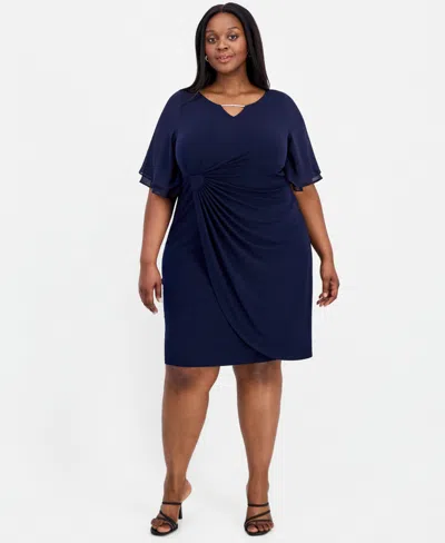 Connected Plus Size Double Flared-sleeve Bar-trim Dress In Blue